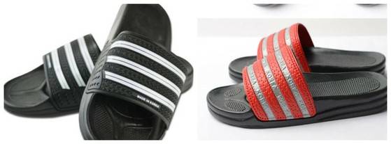 굵은 흰 선 위에 가는 실선을 넣은 '6선 슬리퍼'(왼쪽)와 'KOREA' 슬리퍼. 상표권 분쟁을 염두에 둔 디자인 변형으로 추정된다.