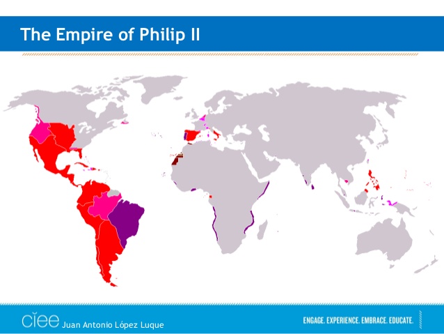 필리페 2세 시대의 스페인 포르투갈 동군연합 제국 영토
‘아메리카 대륙,이베리아 반도, 이탈리아의 절반,네덜란드 그리고 동,서인도제도’