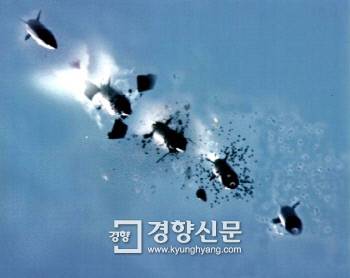 에이태킴스(ATACMS)에서 자탄이 타격 목표 지점으로 쏟아져 내려오는 모습