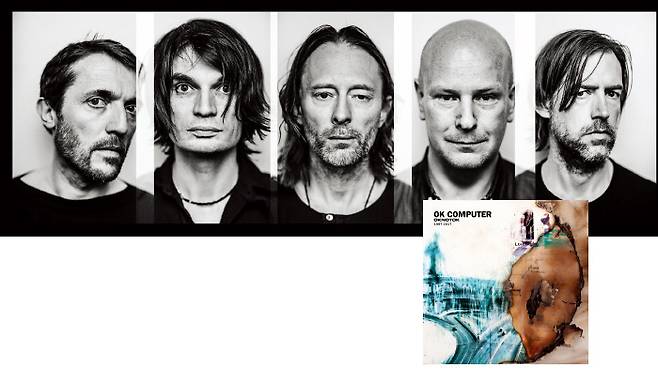 라디오헤드의 앨범 ‘OK Computer’(아래)와 영국 록의 전설 라디오헤드. 왼쪽부터 콜린 그린우드(베이스), 조니 그린우드(기타), 톰 요크(보컬), 필 셀웨이(드럼), 에드 오브라이언(기타).[사진 제공·강앤뮤직]
