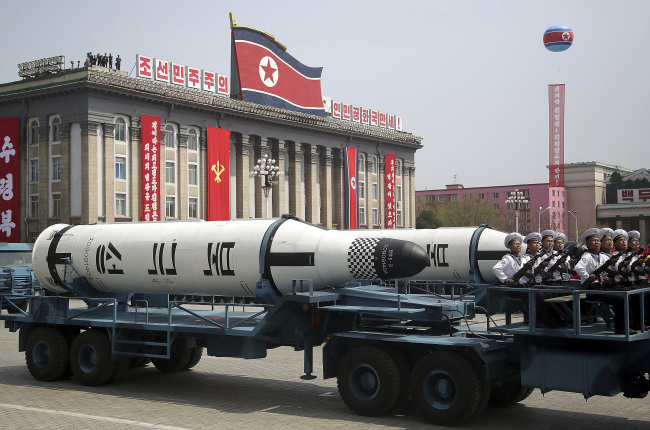 In this April 15, 2017 photo, a submarine-launched ballistic missile is displayed in Kim Il Sung Square during a military parade in Pyongyang, North Korea, to celebrate the 105th birth anniversary of Kim Il Sung, the country's late founder and grandfather of current ruler Kim Jong Un. (AP Photo)