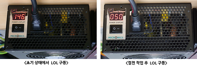 초기 상태와 절전 작업 후 LOL 구동시의 소비전력 차이
