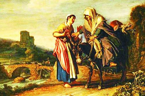 ①나귀를 타고 있는 나오미(오른쪽)와 둘째 며느리인 룻이 길가에서 얘기를 나누고 있다. 성경 내용(룻 1장)에 비춰볼 때 나오미는 룻을 향해 “고향으로 돌아가라”고 권하고 있고 룻은 “시어머니를 따라 베들레헴으로 가겠다”고 간청하는 장면 같다. 이들 뒤로 보이는  다리 위에는 나오미의 첫째 며느리 오르바 일행이 나귀를 타고 고향으로 돌아가는 모습이  어렴풋이 보인다.