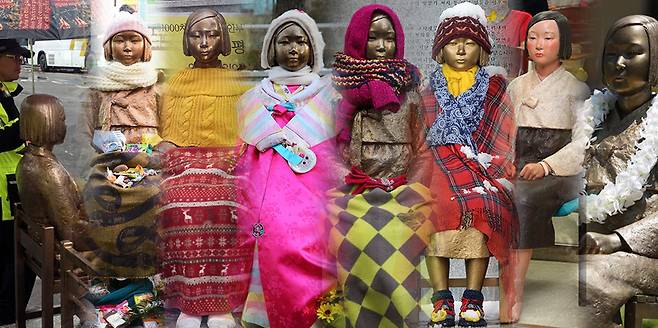 소녀상의 다양한 모습들   매년 겨울 한파가 몰아칠 때면 시민들은 소녀상에게 털모자와 털신, 목도리, 담요 등을 덮어준다. 가장 왼쪽은 비 맞는 소녀상에게 우산을 씌워주는 경찰, 오른쪽에서 두번째 사진은 대학교 강의실에 간 소녀상의 모습이다. /조선DB