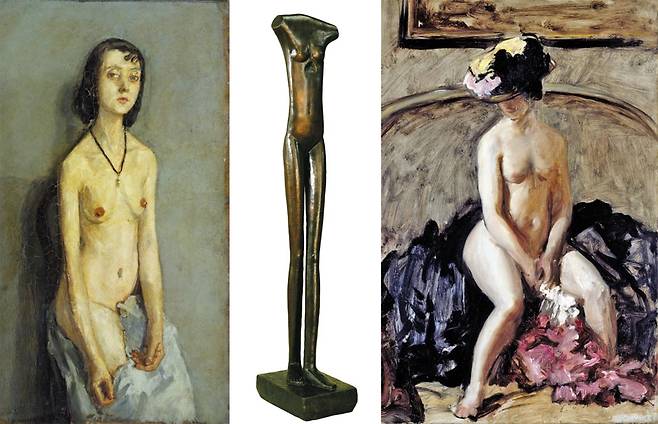 (왼쪽부터)그웬 존의 ‘누드 걸’, 1909~1910년, 44.5×27.9㎝, 캔버스에 유채. / 알베르토 자코메티의 ‘걸어가는 여인’, 1932~1936년, 149.9×27.6×37.8㎝, 청동. / 필립 윌슨 스티어의 ‘앉아 있는 누드:검은 모자’, 1900년, 50.8×40.6㎝, 캔버스에 유채.