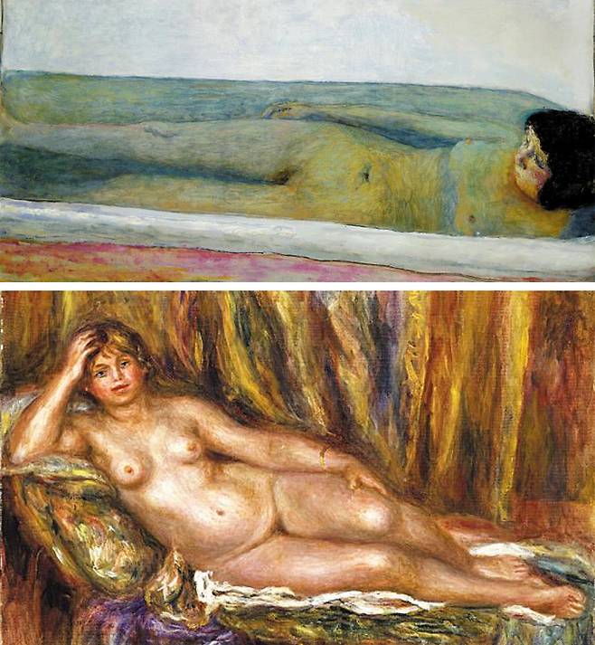 (사진 위)결핵을 앓다 죽은 아내를 그리워하며 그린 피에르 보나르의 ‘욕실’, 1925년, 86×120.6㎝, 캔버스에 유채. (사진 아래)오귀스트 르누아르의 ‘긴 의자 위의 누드’, 1915년, 54.4×65.3㎝, 캔버스에 유채.