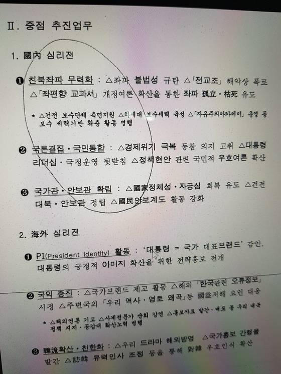 국정원 심리전단이 2009년 2월 16일 작성한 ‘주요 업무 보고’ 문건. 국내 심리전 방안으로 좌파의 고립ㆍ고사를 유도하고 건전 보수단체를 측면 지원해 친북좌파를 무력화 시켜야 한다고 쓰여 있다.