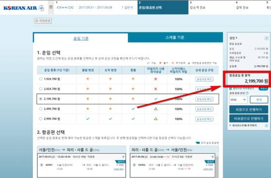 9월1일 출발, 9월8일 도착하는 대한항공 인천~파리 노선 항공권. 8월29일 검색 결과, 가장 저렴한 항공권이 219만원이었다. [대한항공 홈페이지 캡처]