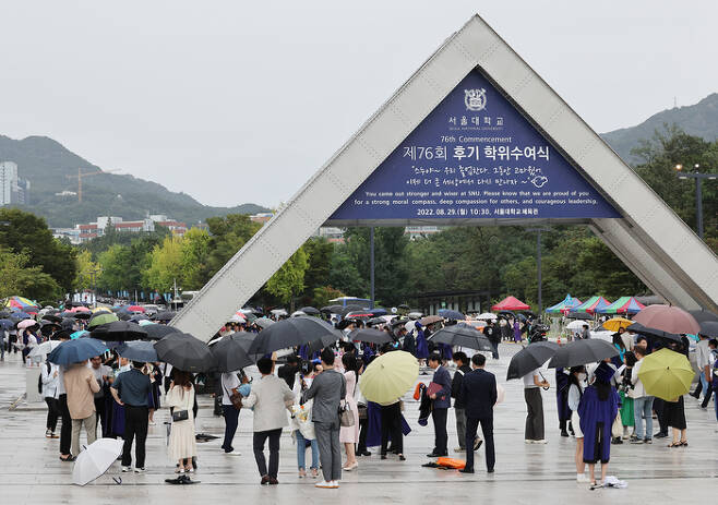 지난해 8월 서울대학교 학위 수여식에 참석한 졸업생들과 가족 및 친구들이 교문 앞에 모여 있다. [사진 출처 = 연합뉴스]