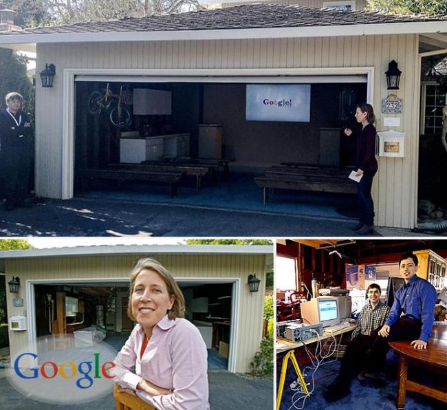 구글이 시작된 차고(위). 차고에서 일하던 시절의 창업자 래리 페이지와 세르게이 브린(아래 오른쪽). 이들에게 차고를 빌려준 수잔 보이치키(아래 왼쪽) 구글 수석부사장.