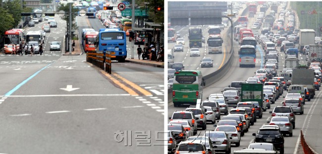 본격적인 여름 휴가철이 시작된 31일 서초구 반포동 고속터미널 주변 도로(왼쪽)가 한산한 가운데 경부고속도로는 서울을 빠져나가는 차량들로 주차장을 방불케 하고 있다. 박현구 기자phko@heraldcorp.com/