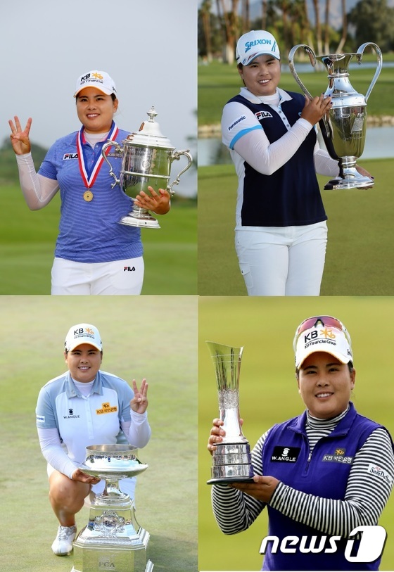 박인비(27·KB금융그룹)가 ´커리어 그랜드슬램´의 대업을 달성했다. 왼쪽 위부터 시계방향으로 지난 2013년 US 여자 오픈, 크래프트 나비스코 챔피언십, 올해 브리티시 여자 오픈, 위민스 PGA 챔피언십 우승. © AFP=News1