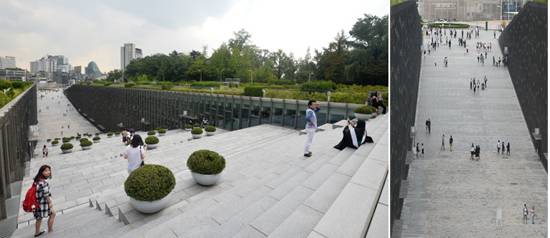 ECC는 지하에 그 몸을 숨기면서 지상의 풍경을 살려냈다. 저 멀리 캠퍼스 외부의 건물들이 보인다.