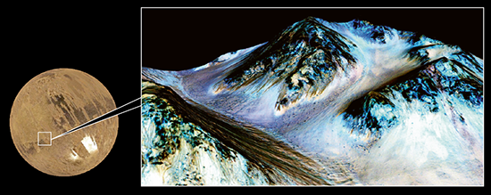 나사가 9월28일에 공개한 화성 표면 사진. 화성의 할레 크레이터(Hale Crater)에서 관측된 물이 흐른 흔적으로 폭이 5m 안팎, 길이가 수백m인 가느다란 줄기들이 보인다.
