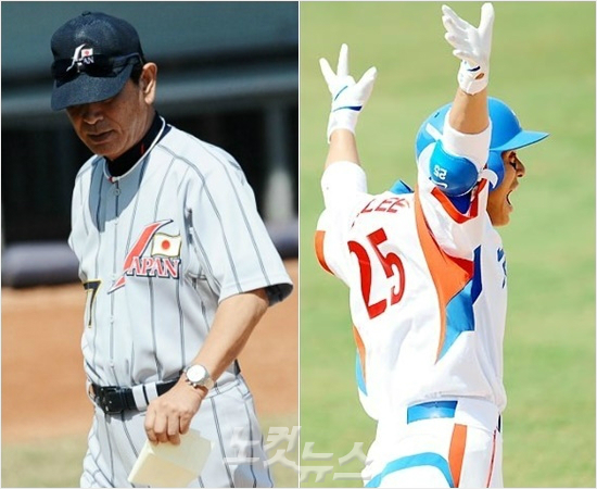 '승짱, 스미마셍' 베이징올림픽 당시 호시노 감독(왼쪽)은 한국과 4강전에서 이승엽의 결승 홈런에 금메달 꿈을 버려야 했다.(자료사진)