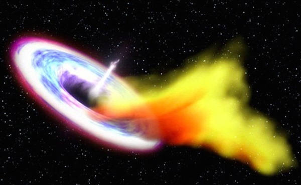 블랙홀에서 별을 통째로 삼킨 후 초고속플라즈마 제트를 우주로 방출하는 모습.
