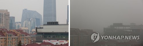 온통 희뿌옇게 변한 베이징 하늘       (베이징=연합뉴스) 홍제성 특파원 = 중국의 수도 베이징(北京) 일부지역의 초미세먼지 농도가 기준치의 40배에 육박하는 등 중국 수도권이 5일째 심각한 수준의 스모그로 고통받고 있다.     베이징에서는 전날 일부 지역의 PM 2.5((지름 2.5㎛ 이하의 초미세 먼지) 농도가 976㎍/㎥에 달한 데 이어 1일에도 지역별로 500~600㎍/㎥를 기록하고 있다. 사진은 2014년 2월 28일(왼쪽)과 2015년 12월 1일(오른쪽) 중국    베이징 하늘 비교 모습. 2015.12.1     jsa@yna.co.kr