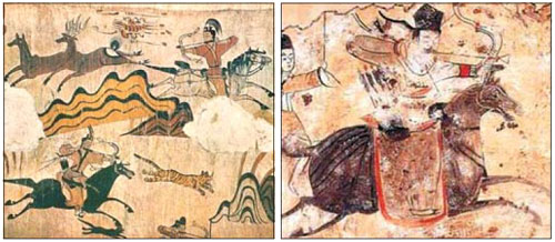 중국 지린성 지안의 고구려 무용총 수렵도(왼쪽)와 선비족의 무덤 벽화.