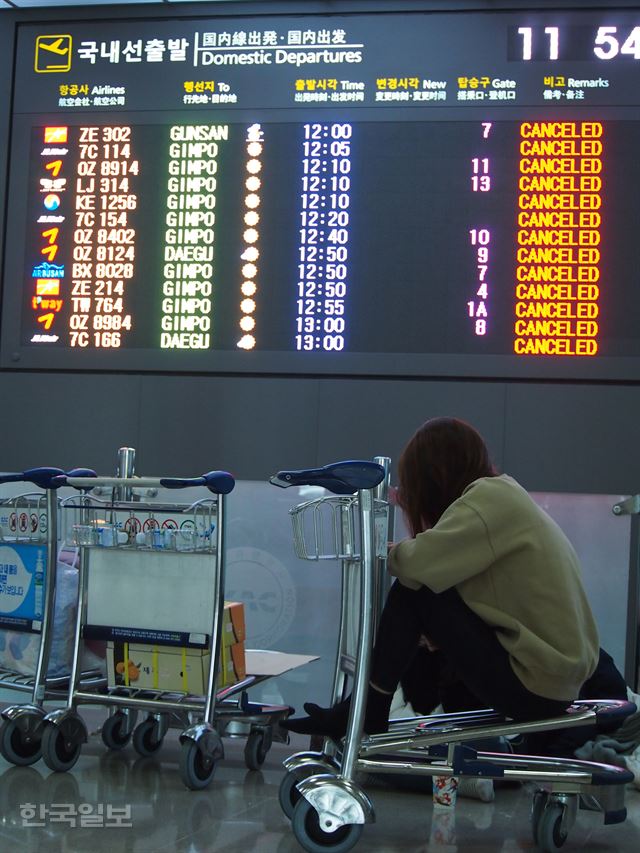 24일 출발 예정된 모든 항공편이 결항된 제주국제공항에서 한 승객이 이동 카트에 앉아 있다.