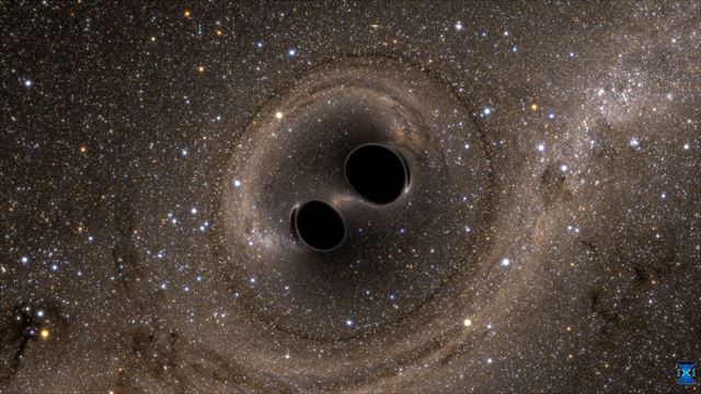 서로의 주변을 돌던 두 블랙홀이 충돌해 합쳐지기 직전의 모습을 상상한 그림. 합쳐지기 직전부터 합쳐진 직후 0.15초 동안 여기서 나온 중력파가 우주공간에 퍼져 13억년 뒤인 지난해 9월 지구에 도달했고, 인류가 만든 검출기 ‘라이고’가 이를 처음 포착했다. 라이고과학협력단(LSC) 제공