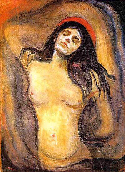 ‘마돈나’, 캔버스에 유채, 1894~1895년, 뭉크. 어린 시절 어머니와 누이를 잃은 뭉크는 여성들이 자기를 두고 일찍 죽었다는 사실에 여성 혐오가 생겼고 이는 섬뜩한 마돈나 그림으로 이어졌다.