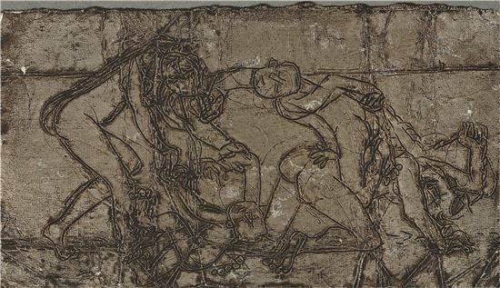 이중섭, '가족', 1953년경, 은지에 새김, 유채, 8.5x15cm