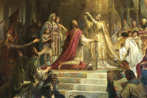 프리드리히 카울바흐의 <카를 대제의 대관식>(1861, 뮌헨, 막시밀리아네움 소장). 프랑크왕국의 카를 대제가 800년 12월25일 로마에서 교황 레오 3세로부터 황제로 대관된 이후 유럽은 본격적인 중세 문화의 발전을 이루게 된다.