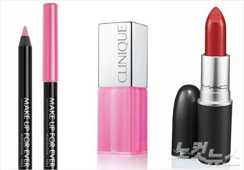 (왼쪽부터) '로즈쿼츠' 색상 계열의 메이크업포에버 AQUA LIP 21C, 크리니크 립 팝 글레이즈 BUBBLE GUM POP 06과 '레드오렌지' 색상 계열의 맥 립스틱 LADY DANGER (사진=메이크업포에버, 크리니크, 맥 제공)