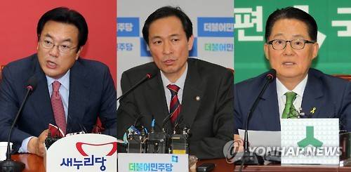 새누리당 정진석 원내대표(왼쪽부터), 더불어민주당 우상호 원내대표, 국민의당 박지원 원내대표.