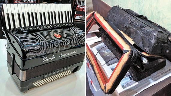 소셜펀딩으로 새로 구입할 아코디언은 예전 악기와 같은 모델(左), 불에 탄 그의 이탈리아산 아코디언(右).  [사진 페이퍼레코드]