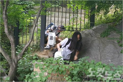 경기도 용인 수지의 두 아파트 단지 주민들간 대립으로 애꿎은 아이들만 철제 울타리를 넘거나 밑을 기어서 위험천만한 등굣길에 나서고 있다. (사진=윤철원 기자)