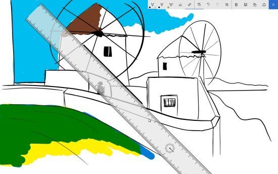 윈도 잉크 스케치북 실행화면. 자 기능으로 직선을 쉽게 그릴 수 있다.