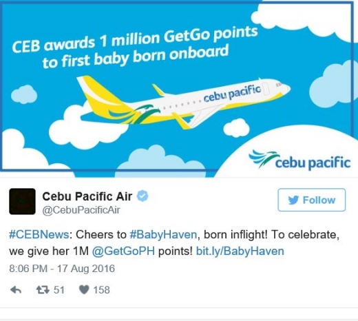 - 아기에게 100만 마일리지를 선물했음을 밝힌 세부퍼시픽항공의 트위터.