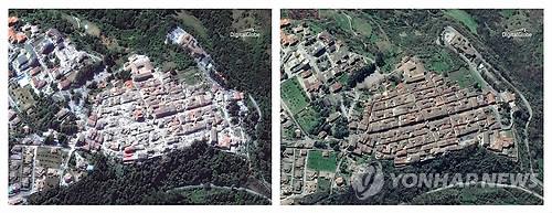규모 6.2의 강진으로 주택들이 폭격을 맞은 듯 부서진 이탈리아 중부 라치오주(州) 아마트리체 마을의 25일(현지시간) 모습(왼쪽)과 지진 발생 이전인 21일 모습(오른쪽)을 대비해 보여주는 항공사진[AP=연합뉴스]