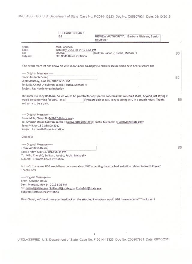 김정은 정권의 빌 클린턴 전 대통령 초청 수락과 관련, 미 국무부와 클린턴 재단이 주고 받은 이메일.