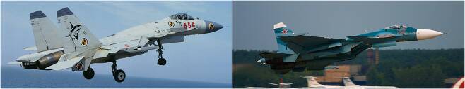 `짝퉁`과 `원조`. 중국의 젠-15(왼쪽)와 러시아의 Su-33. [사진 위키피디어]