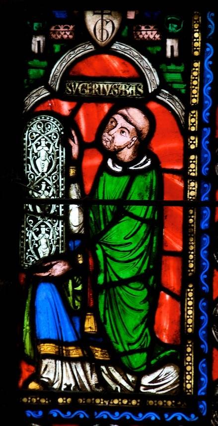 생 드니 수도원 성당의 스테인드글라스로 표현된 쉬제르 수도원장. 1300년경 제작.