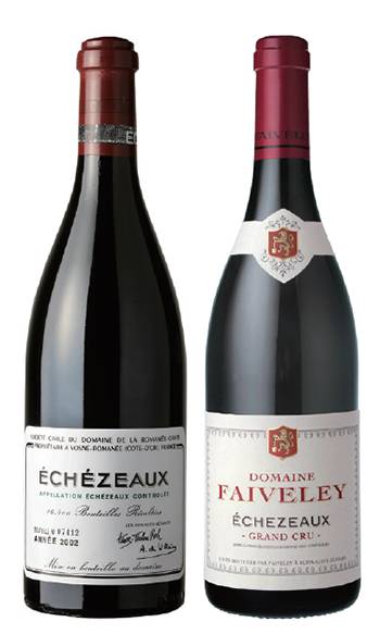 로마네 콩티 에세조(왼쪽)와 페블레 에세조 와인. 로마네 콩티 에세조는 2013년산 기준 130만원, 페블레 에세조는 40만원대 후반이다.