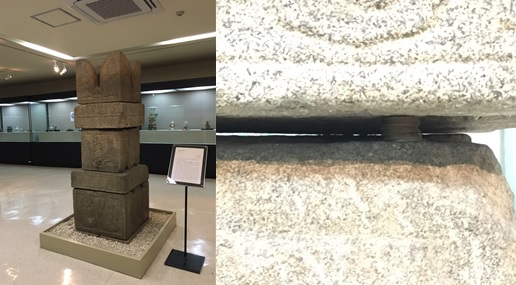 동국대 박물관에 있는 국보 209호 보협인석탑(왼쪽)과 동전을 수평재로 사용한 부분(오른쪽)/사진자료=유은혜 의원실