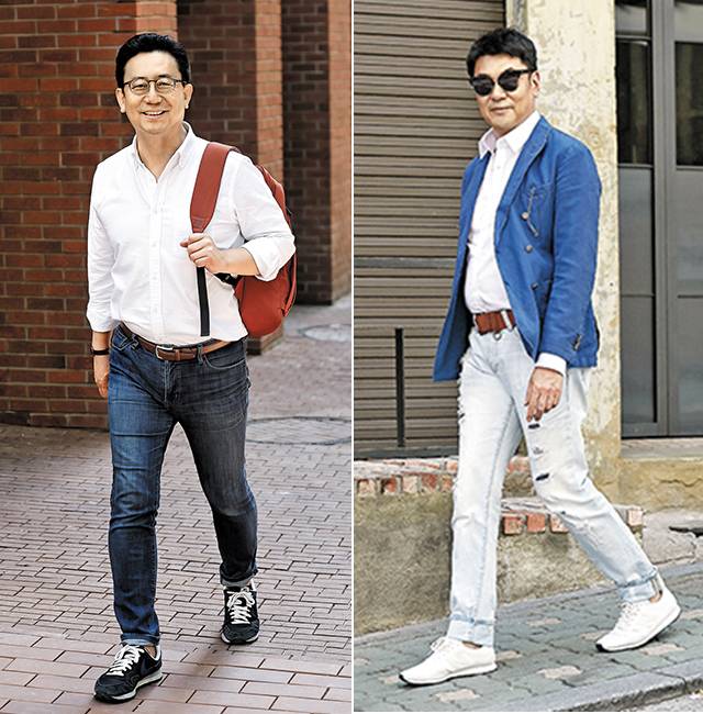 (왼쪽부터) 청바지에 백팩, 운동화 차림으로 출근하는 홍순언(48·홍보 대행사 운영)씨, 운동화와 청바지를 입고 출근하는 기업 투자 전문가 김석헌(53)씨. /이광재 영상 미디어 기자