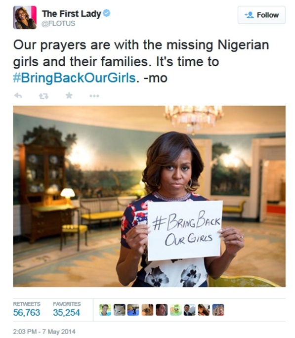 해외에선 이미 해시태그 운동이 활발하게 진행중이다. 사진은 지난 2014년 나이지리아에서 270명 가량의 여학생들이 이슬람 무장 단체에 의해 납치됐을 때 미국의 영부인 미셸 오바마가 ‘여학생들을 돌려보내라’는 뜻의 ‘#BringBackOurGirls’ 운동 게시글을 SNS 트위터에 게재한 이미지. [출처=트위터 캡처]