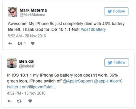 애플 iOS10.1.1.로 OS를 업그레이드한 사용자들이 아이폰 단말기 사용중 심각한 배터리 소진 이상을 겪었다고 트위터를 통해 알리고 있다. / 트위터