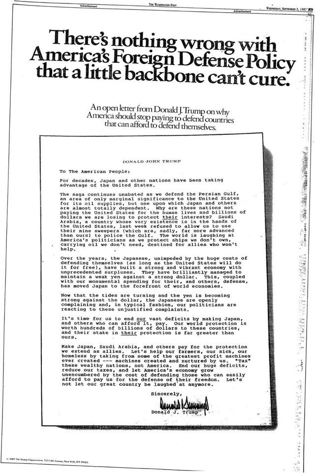 트럼프가 로널드 레이건 행정부의 외교정책을 비판하기 위해 1987년 미국 일간지에 낸 광고.