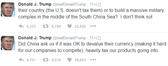 트럼프 미국 대통령 당선인은 37년 미중 외교의 금기를 깬 대만 총통과의 대화를 트위터를 통해 알리고, 이에 대한 중국의 반발에 대해 트위터를 통해 반박하는 트위터 외교를 보이고 있다./트럼프 트위터