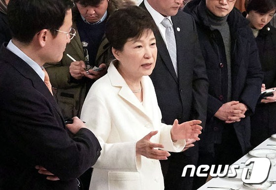 박근혜 대통령이 1일 오후 청와대 상춘재에서 출입기자단과 신년 인사회를 겸한 티타임을 갖고 있다.(청와대 제공)2017.1.1/뉴스1 © News1 이광호 기자