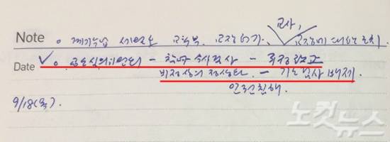 CBS노컷뉴스가 입수한 고(故) 김영한 전 청와대 민정수석의 비망록 중 해당 내용 발췌