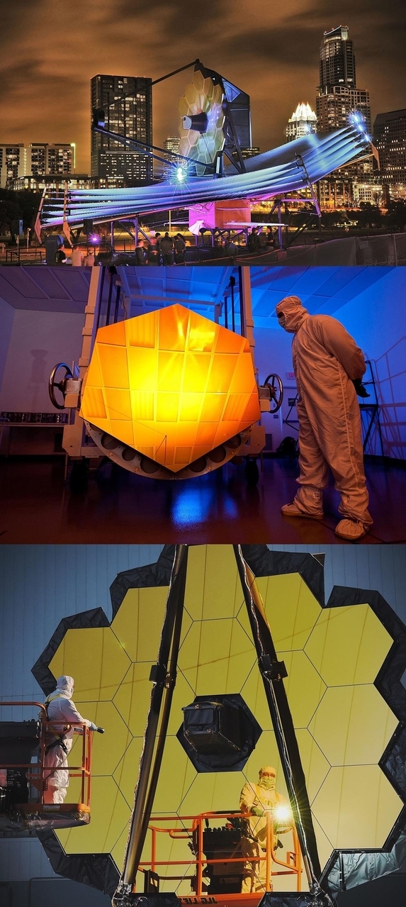 2013년3월 미국 텍사스주 오스틴시에서 열린 SXSW 행사에 전시된 제임스웹 망원경 모형(맨위), 반사경은 금도금된 베릴륨으로 만든다(중간사진). 완성된 6.5m짜리 제임스웹 망원경의 반사경(맨아래)./사진=NASA