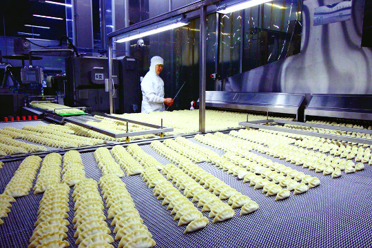 지난 20일 인천 중구 CJ제일제당 인천냉동식품공장 ‘비비고 만두’ 생산라인에서 직원이 만두가 제대로 만들어졌는지 검수하고 있다. CJ제일제당 제공