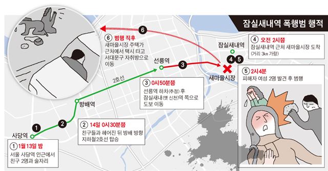 잠실새내역 폭행범 행적. 한국일보