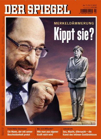 독일 주간 슈피겔이 최신호 표지에서.“마르틴 슐츠가 앙겔라 메르켈 총리를 무너뜨릴 수 있을까”를 묻고 있다.